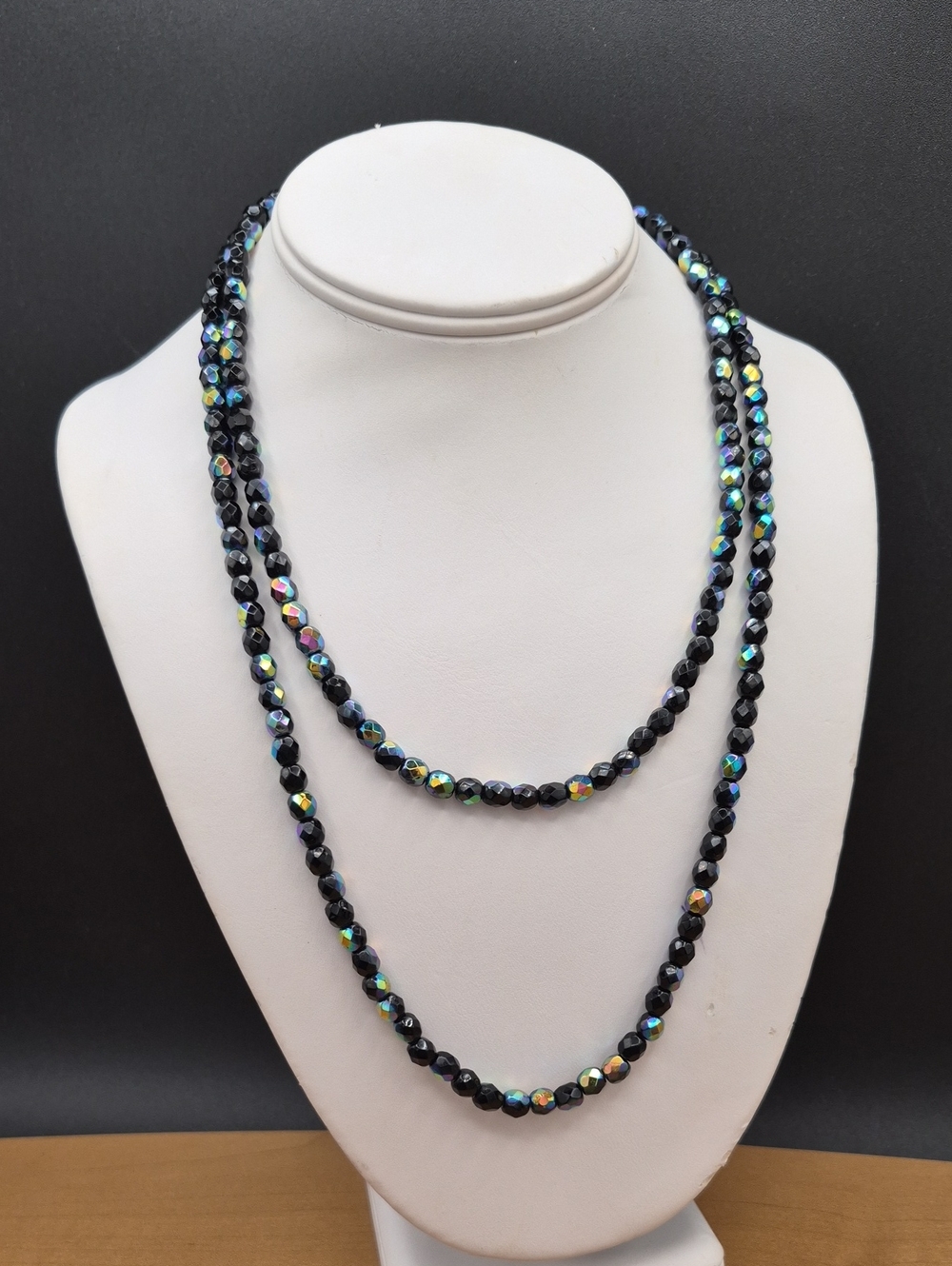 Vintage Givenchy Paris New York Black Aurora Borealis Glass Bead Necklace 4G